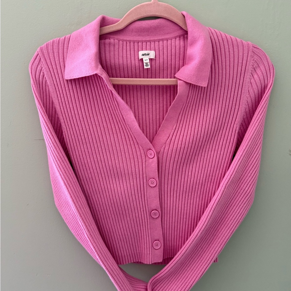 Aerie Gotta Jet Polo Pink Ribbed Knit Top Size Small NWOT